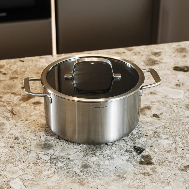 Hrnec FABINI & Těhotnej kuchař, ø 24 cm (4,5 l) - Nerezový beznýtový hrnec s hybridním povrchem z vícevrstvé nerezové oceli s poklicí