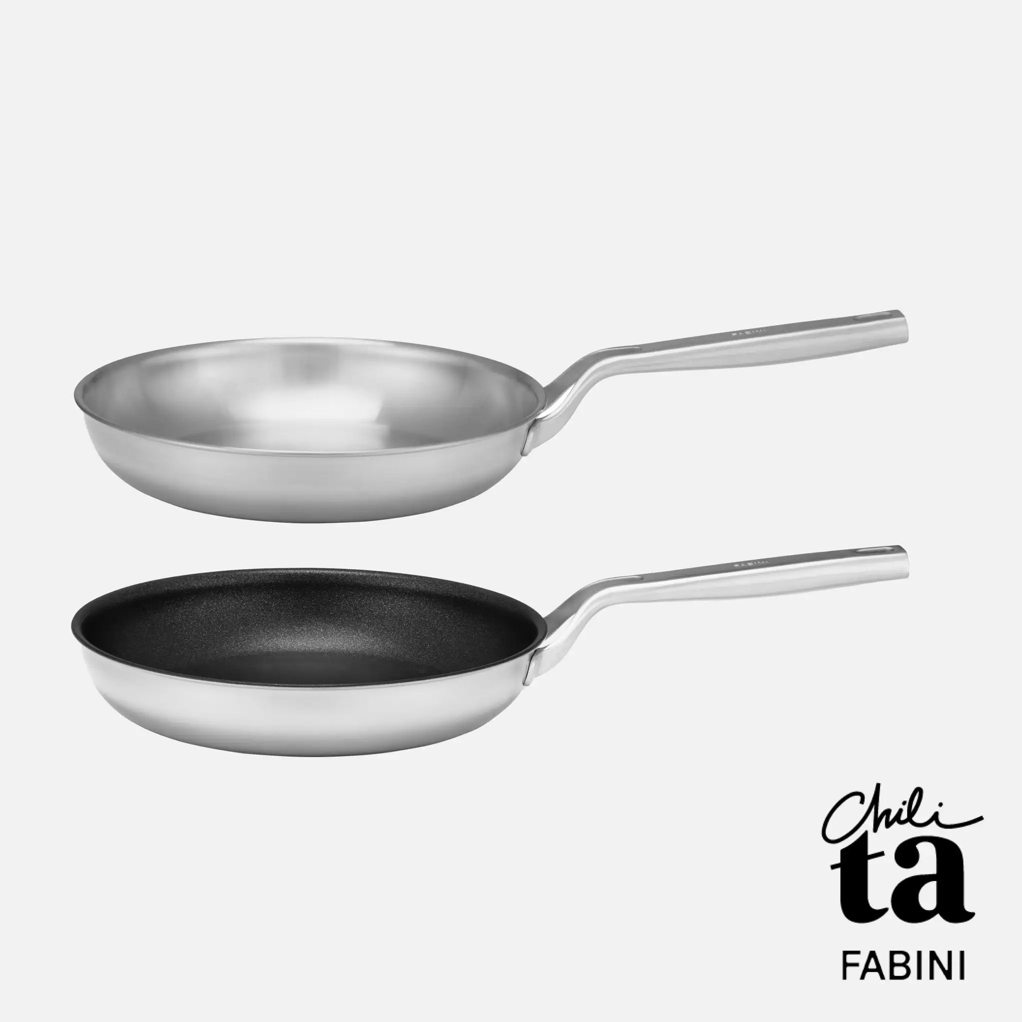 Sada pánví FABINI & Chili Ta, 2 díly - Nerezová a keramická beznýtová pánev z vícevrstvé nerezové oceli bez poklic