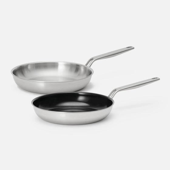 Sada pánví Lucca 4.0 Pro, 2 díly - Nerezová beznýtová pánev z vícevrstvé nerezové oceli + nepřilnavá nerezová beznýtová pánev s keramickým povrchem z vícevrstvé nerezové oceli