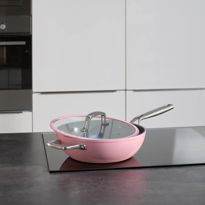 Wok pánev Meda 3.0, ø 28 cm - Nepřilnavá pánev s keramickým povrchem s poklicí, růžová