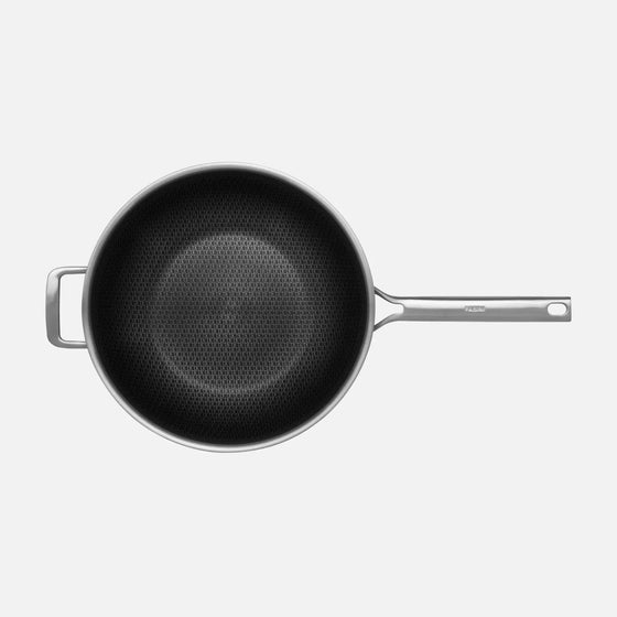 Wok pánev FABINI & Těhotnej kuchař 2.0, ø 30 cm - Nerezová beznýtová pánev s hybridním keramickým povrchem z vícevrstvé nerezové oceli s poklicí