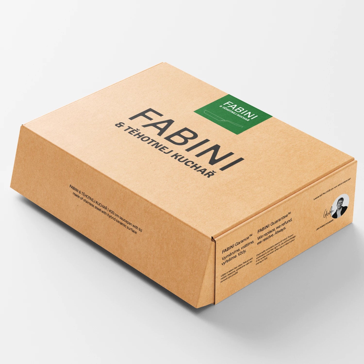Pánev FABINI & Těhotnej kuchař 2.0, ø 20 cm - Nerezová beznýtová pánev s hybridním keramickým povrchem z vícevrstvé nerezové oceli bez poklice
