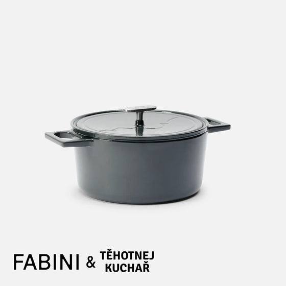 Kastrol FABINI & Těhotnej kuchař, ø 26 cm (5,5 l) - Smaltovaný litinový kastrol s poklicí, šedý