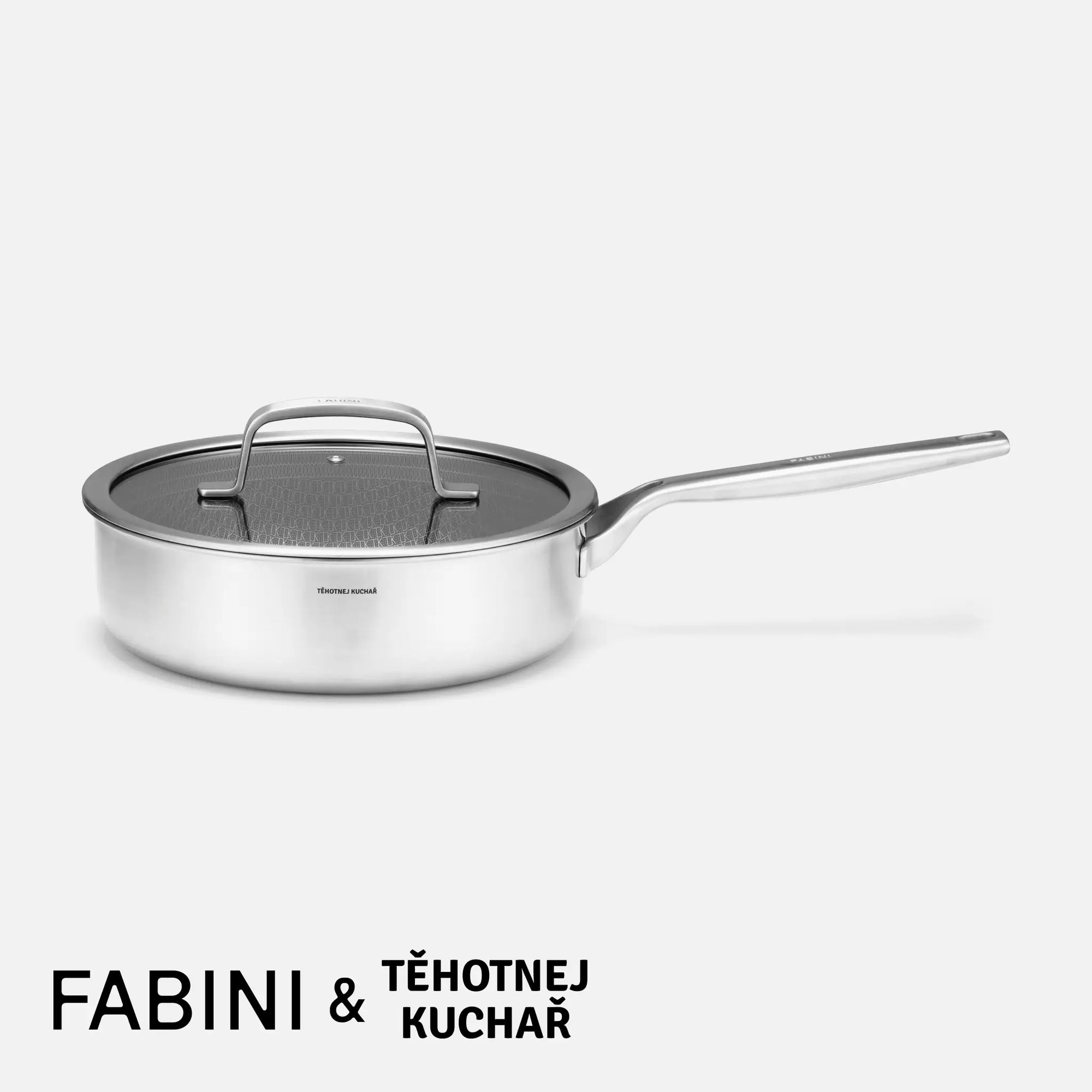 Hluboká pánev FABINI & Těhotnej kuchař 2.0, ø 24 cm (2,5 l) - Nerezová beznýtová pánev s hybridním keramickým povrchem z vícevrstvé nerezové oceli s poklicí