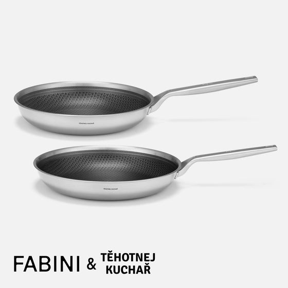 Sada pánví FABINI & Těhotnej kuchař 2.0, 2 díly - Nerezové beznýtové pánve s hybridním keramickým povrchem z vícevrstvé nerezové oceli
