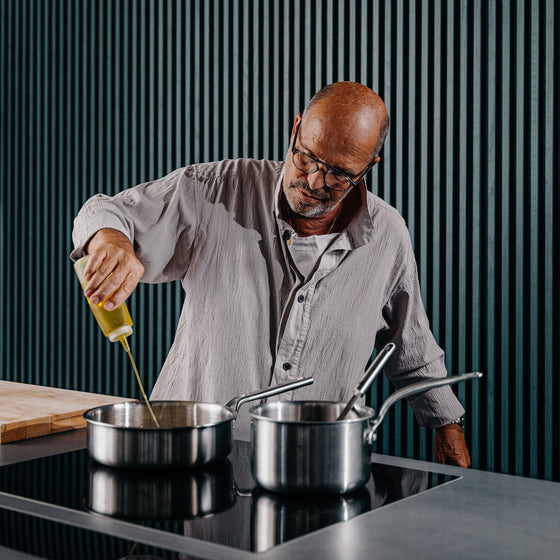 Sada pánví FABINI & Pohlreich, 4 díly - Nerezové beznýtové pánve z pětivrstvé nerezové oceli